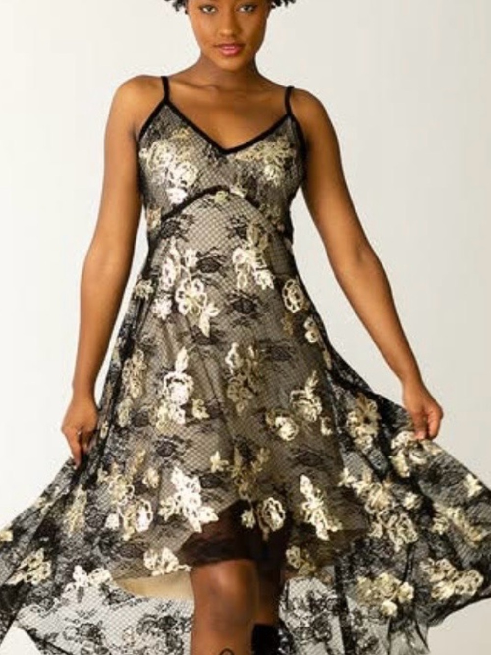 Black and Gold Floral Lace Slip Dress